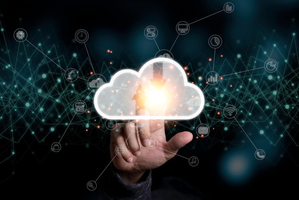 Hand touching to virtual artificial intelligence with cloud technology transformation and internet of thing . Cloud technology management big data include business strategy, customer service.