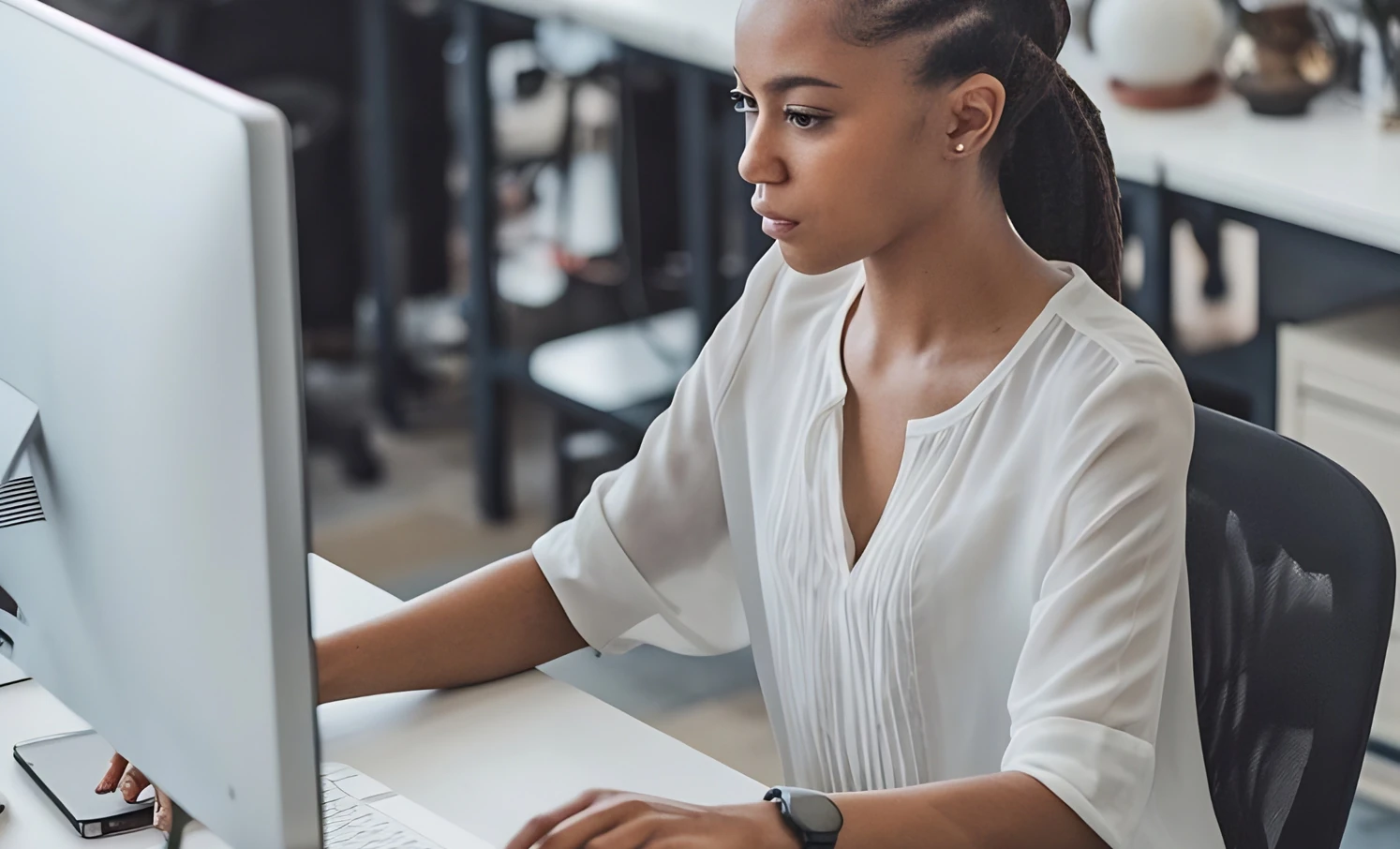 Professional working at a computer in a bright office