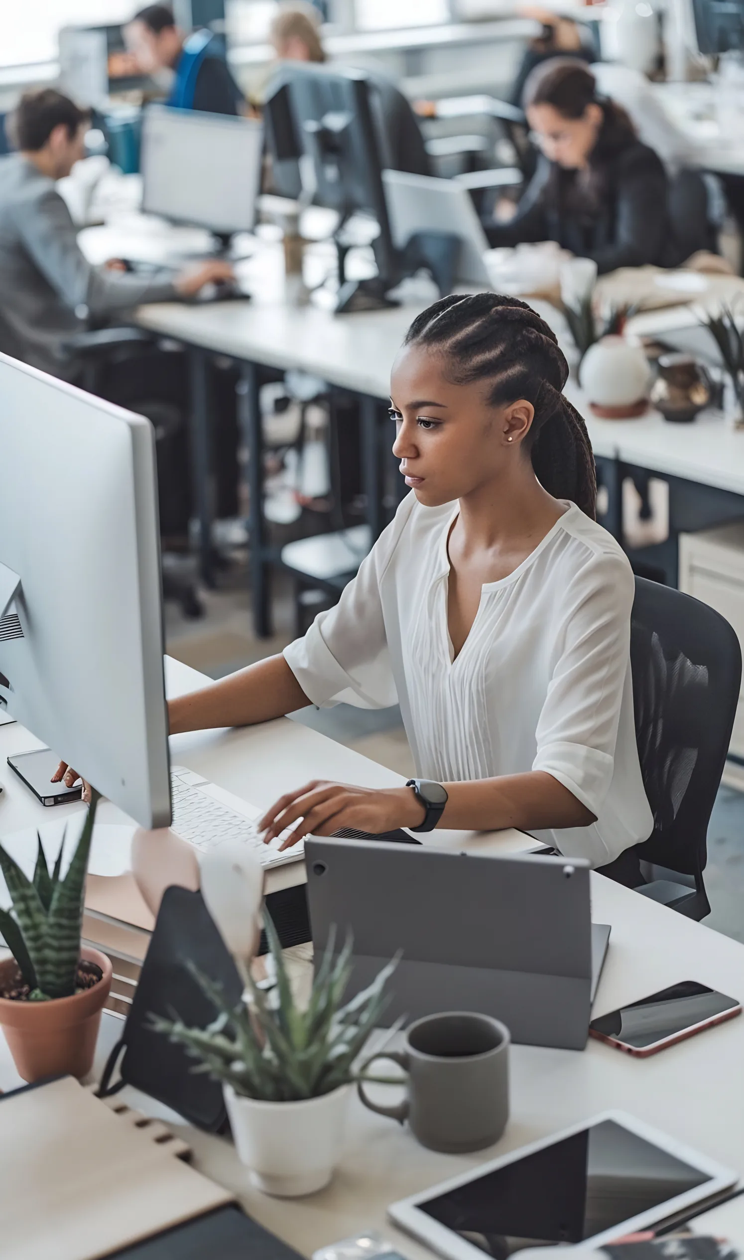 Analyst working at a desktop computer in an office